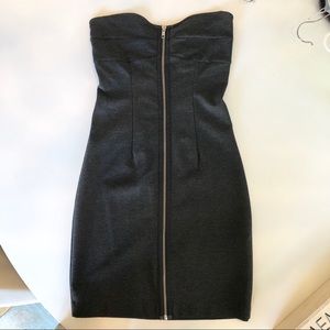 Strapless zip front mini dress.